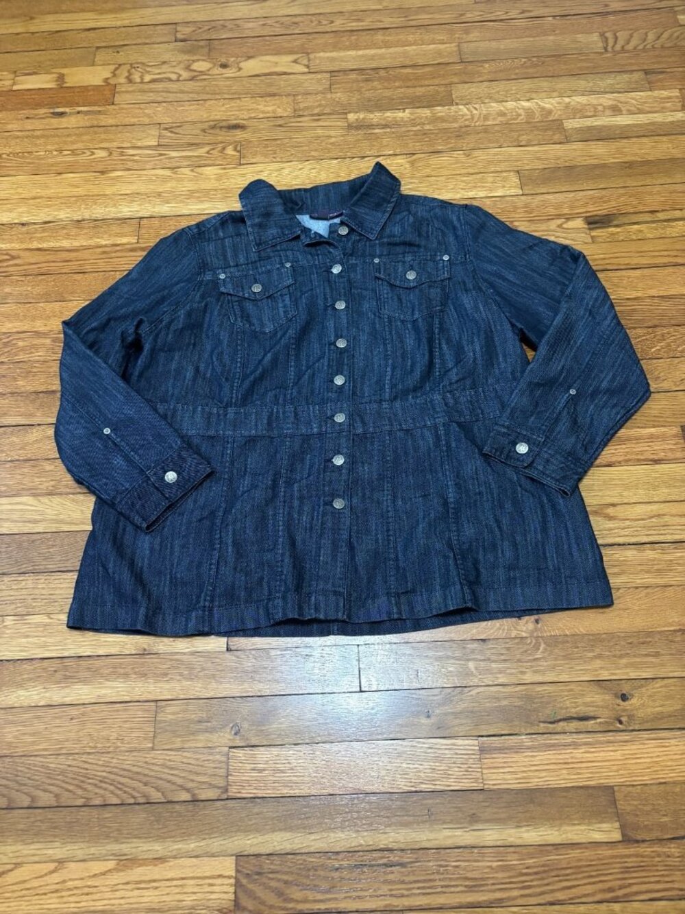 Roaman's Womens Denim Button Up Shirt Jacket Plus Sz 20W Blue Dark Wash Tunic